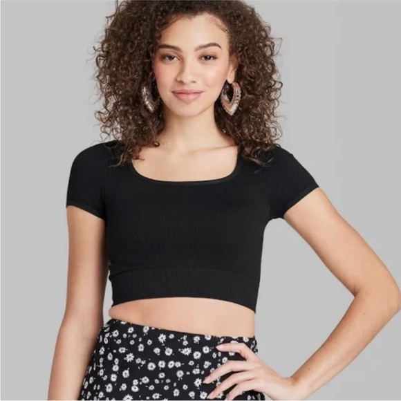 Wild Fable black ribbed Y2K round neck short sleeve cotton crop top small NEW - Picture 1 of 6